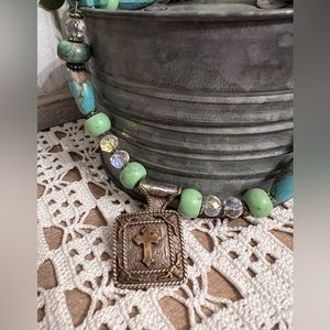 TRIGG LEATHER HOWLITE STONE CROSS WESTERN STYLE NECKLACE